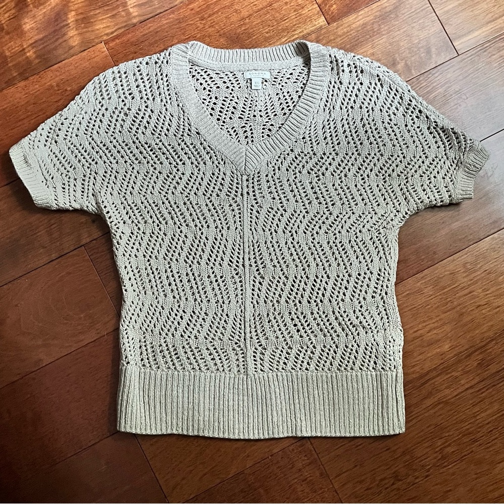 Sonoma Open Knit Sweater Cap Sleeve Sweater XS V-Neck Beige Taupe Light Layer